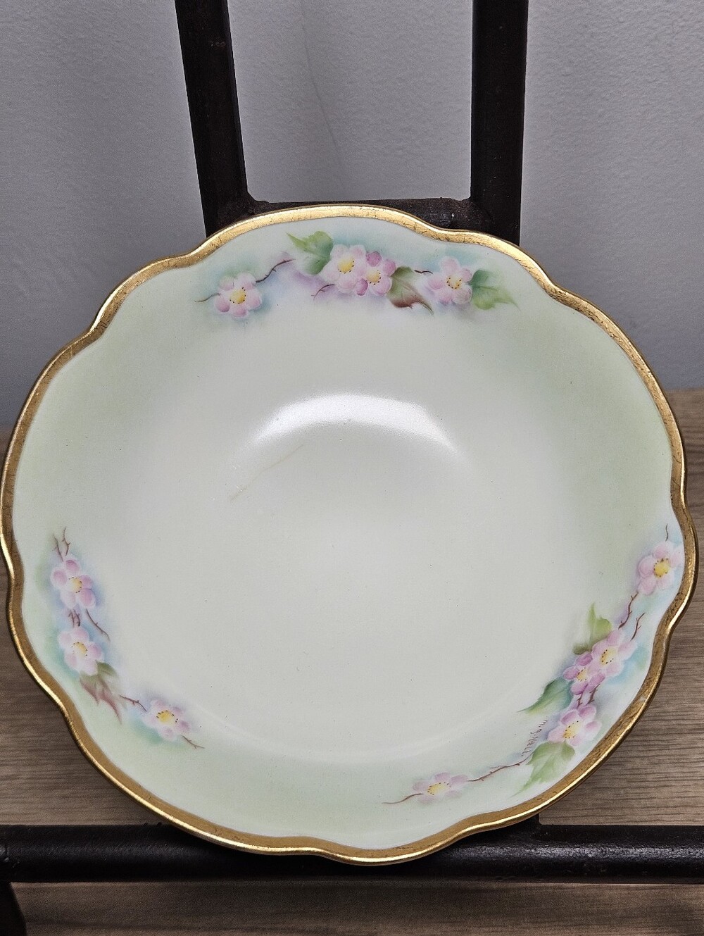 Antique MZ Austria Moritz Zdekauer Floral Berry Bowl Green Gold Trim 5" Dish